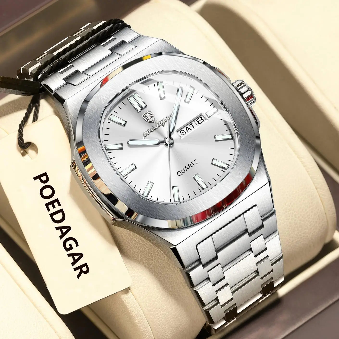POEDAGAR Classic Square Men Wristwatch Waterproof Luminous Date Week Casual Man Clock Stainless Steel Men's Quartz Watches Reloj
