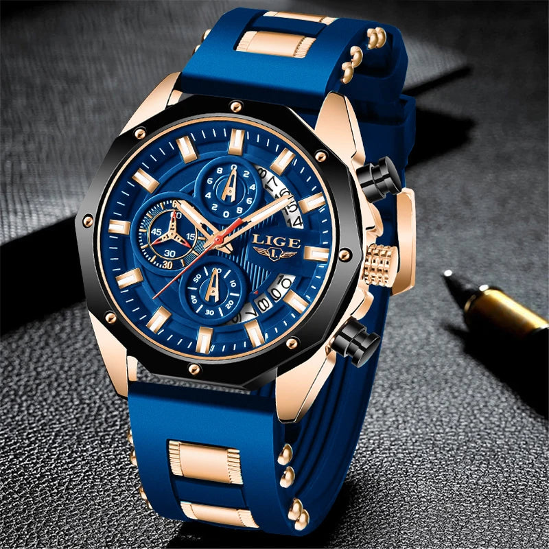 LIGE Fashion Men Watches Top Brand Luxury Silicone Sport Watch Men Quartz Date Clock Waterproof Wristwatch Chronograph Clock Man