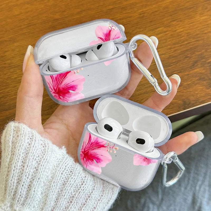 Pink Hibiscus Flower Clear Case for AirPods 4/3/2/1 Earphone Case with Carabiner,Airpod Pro2/Pro3/Pro Shockproof Headphone Case