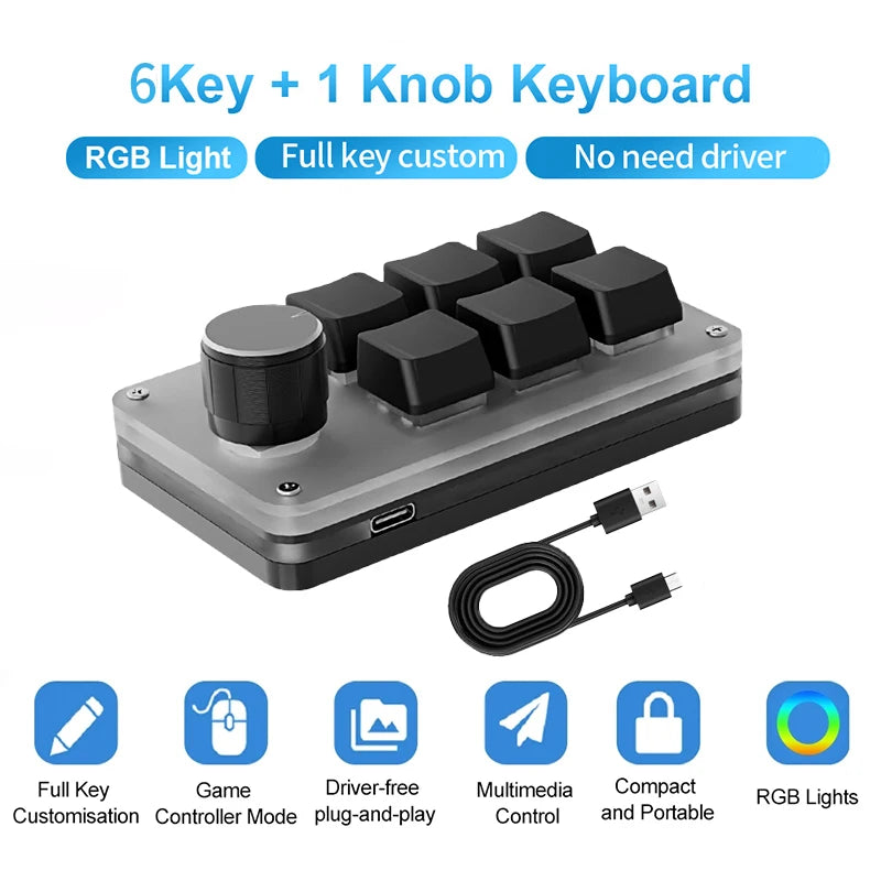 6 Keys 1 Knob Mini Macro Mechanical Keyboard USB RGB Gaming Custom Programming Knob Portable Custom Switch For Photoshop Laptop