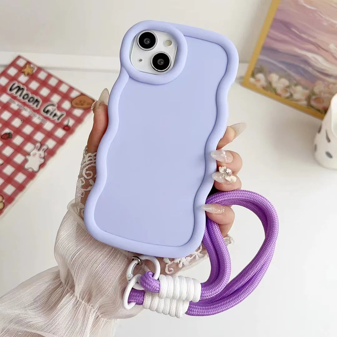 S24FE Cute Pure Color Wave l Hand Strap Case For Samsung S23FE S24 S24U S23 S22S21FE S20FE M55 M54 Bumper Shockproof Cover