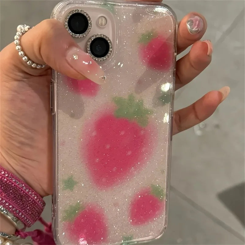 Cute Glitter Strawberry Clear Phone Case For iPhone 17 16 15 14 13 12 11 Pro Max 16E XS X XR 7 8 Plus Lovely Bwoknot Soft Cover