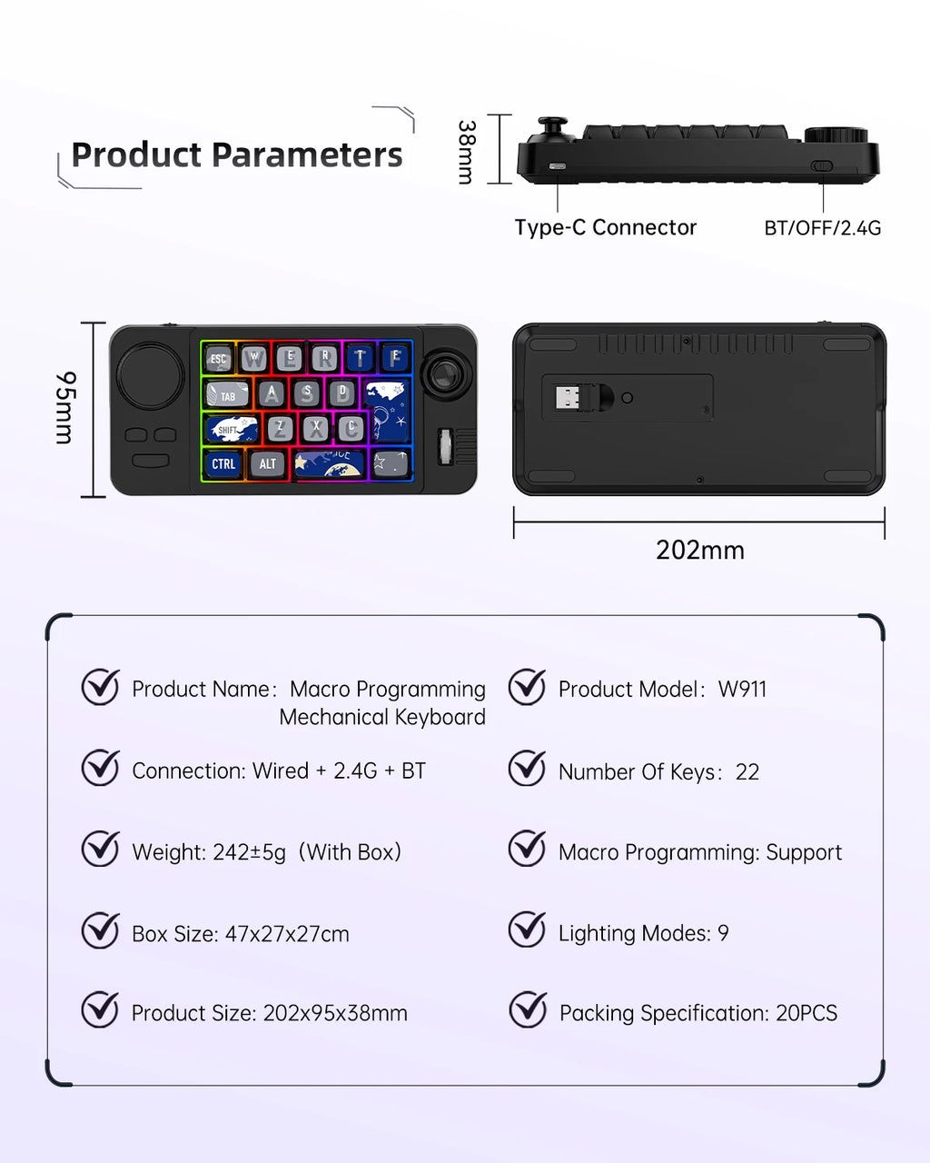 Three Mode 2.4G/BT5.0/USB-C Wired Bluetooth Mechanical Keyboard - 19 Key Programmable Macro Keypad RGB LED Backlit Hot Swappable