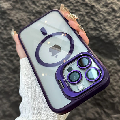 Luxury Lens Holder Transparent Magnetic Wireless Charge Case For iPhone 11 12 13 14 15 16 17 Air Pro Max Plus Shockproof Cover