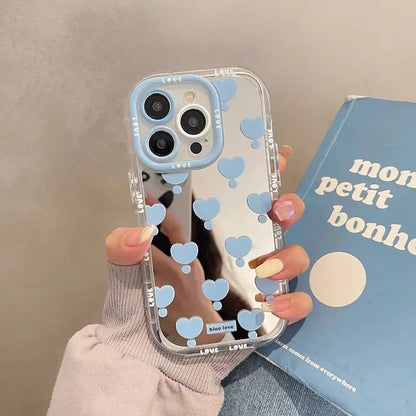 Simple Blue Love Bow Mirror Phone Case For iPhone 16 15 14 13 12 11 Pro Max XR XS MAX 7 8 PLUS MINI Y2K Shockproof Cover