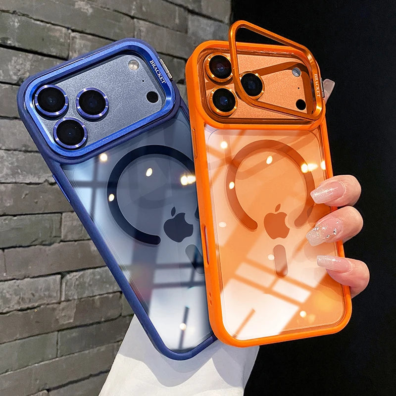 Luxury Lens Holder Transparent Magnetic Wireless Charge Case For iPhone 11 12 13 14 15 16 17 Air Pro Max Plus Shockproof Cover