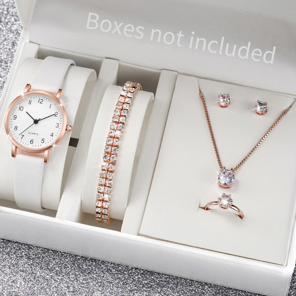 5/6PCS Fashion Women's Quartz Watch Leather Band Analog Quartz Watches with Diamond Jewelry (Without Box)