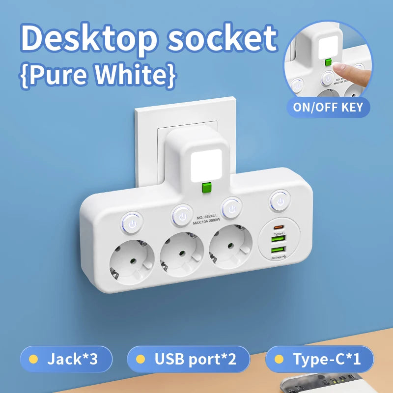 Power Strip EU Plug AC Outlets Multitap Socket Extension Cord Electrical With USB Type C PD Fast Charging Network Filter Adapter