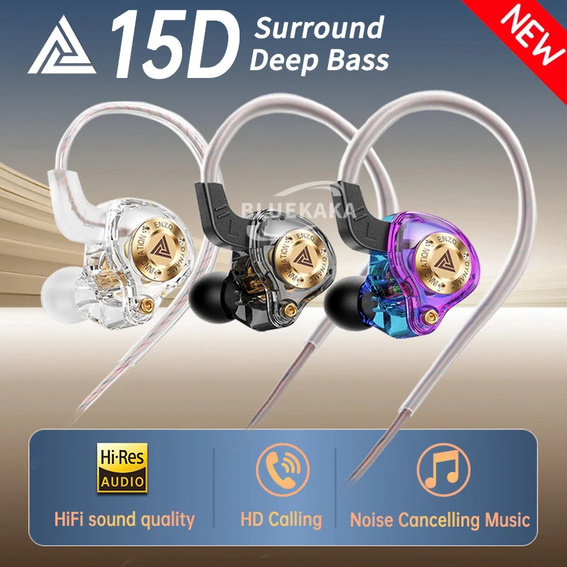 QKZ 15D Dynamic Surround Sound Dual Dynamic Drive Earphones In-Ear Headphones Noise Cancelling Stereo Music Sport Game Headsets