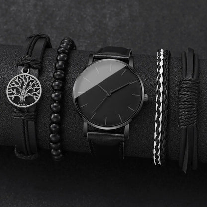 4/5PCS Fashion Leather Strap Men Business Watches Casual Mens Quartz Watch Vintage Bracelets Set Reloj Hombre（Without Box）