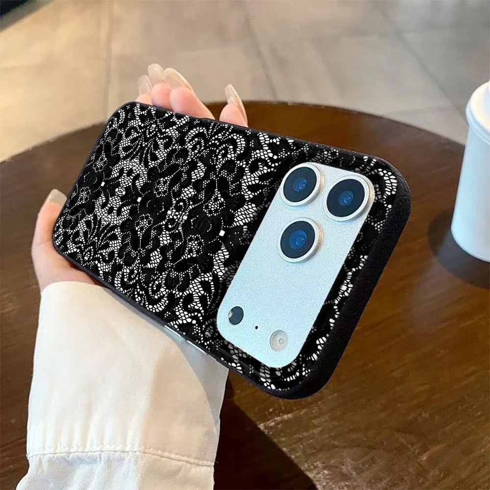 Black Lace Pattern Mobile Phone Case For iPhone 17 Air 16 15 14 13 12 11 17 Pro Max 15 Plus 14 Pro Cartoon Soft Cover