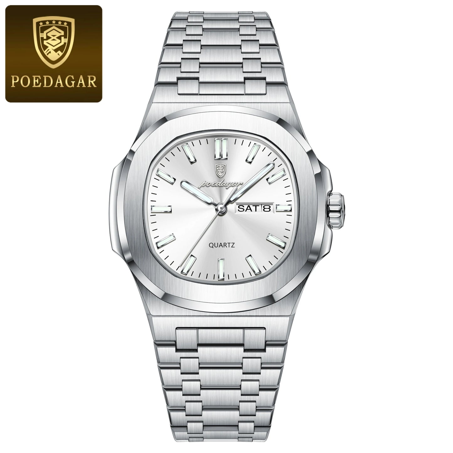 POEDAGAR Classic Square Men Wristwatch Waterproof Luminous Date Week Casual Man Clock Stainless Steel Men's Quartz Watches Reloj