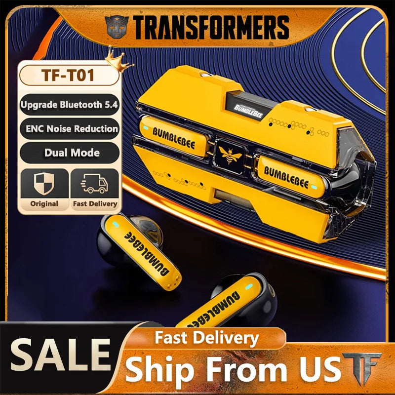 Ship From US Transformers TF-T01 Gaming Earphones Bluetooth 5.4 ENC Noise Reduction Headphones HD Call Music Earbuds Bumble Bee