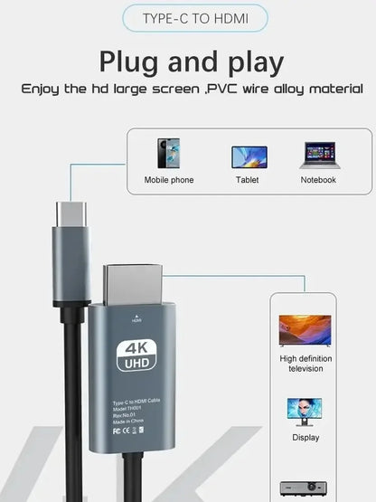 USB C to HDMI 4K 60Hz Adapter Cable Type C HDTV Converter for iPhone 15 iPad MacBook Air Samsung Laptop and TV Display