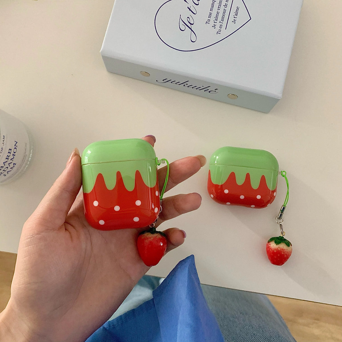 Cute Lovely White Polka Point Red Strawberry Glossy Shockproof Protective Cover Case For AirPods 4 3 Pro 2 1 with Charm Pendant