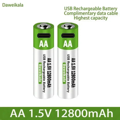 2024 New 1.5V AA USB Rechargeable Battery 12800 mAh Li-ion Battery for Remote Control Mouse Electric Toy Battery + Type-C Cable