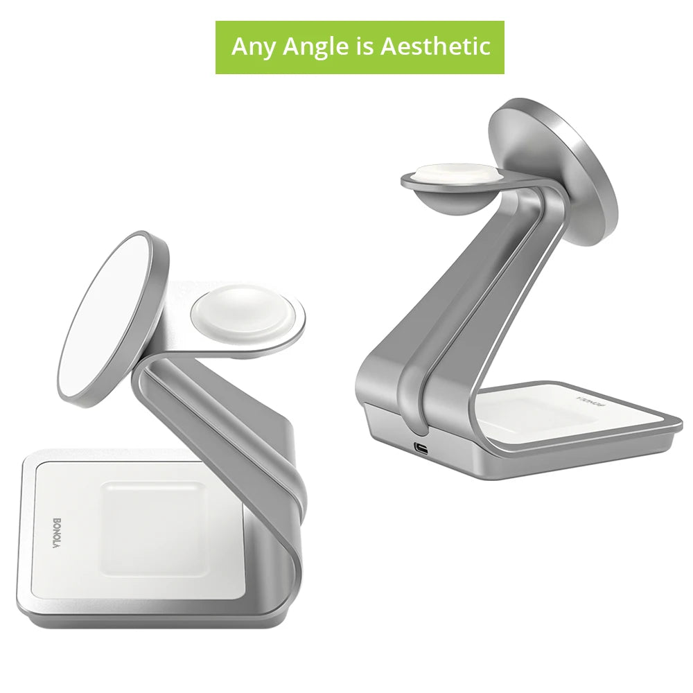 Bonola Magnetic 3 in 1 Charger Metal Stand for iPhone 14/15/16/17 Pro Fast Wireless Charging Desk Holder for Apple Watch/AirPods