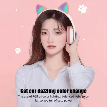 Cute Cat Wireless Headphones RGB Cute Cat Ears Headset With Microphone Noise Cancelling Kid Stereo Music Children's Gifts