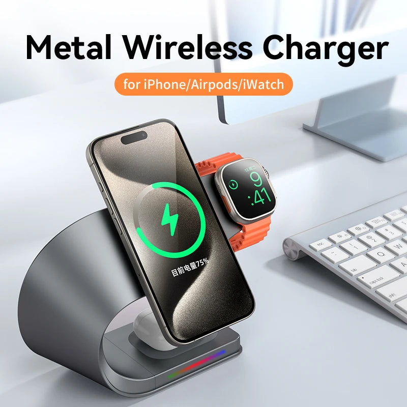 Qi 15W Magnetic Wireless Charger 4 in 1 Metal Shell 15W Fast Charging Station Stand for iPhone 12-17 Mobile Phones Airpods Watch