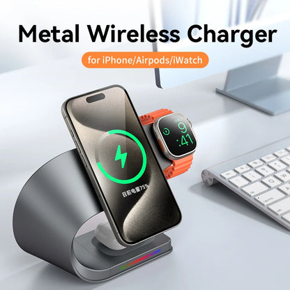 Qi 15W Magnetic Wireless Charger 4 in 1 Metal Shell 15W Fast Charging Station Stand for iPhone 12-17 Mobile Phones Airpods Watch