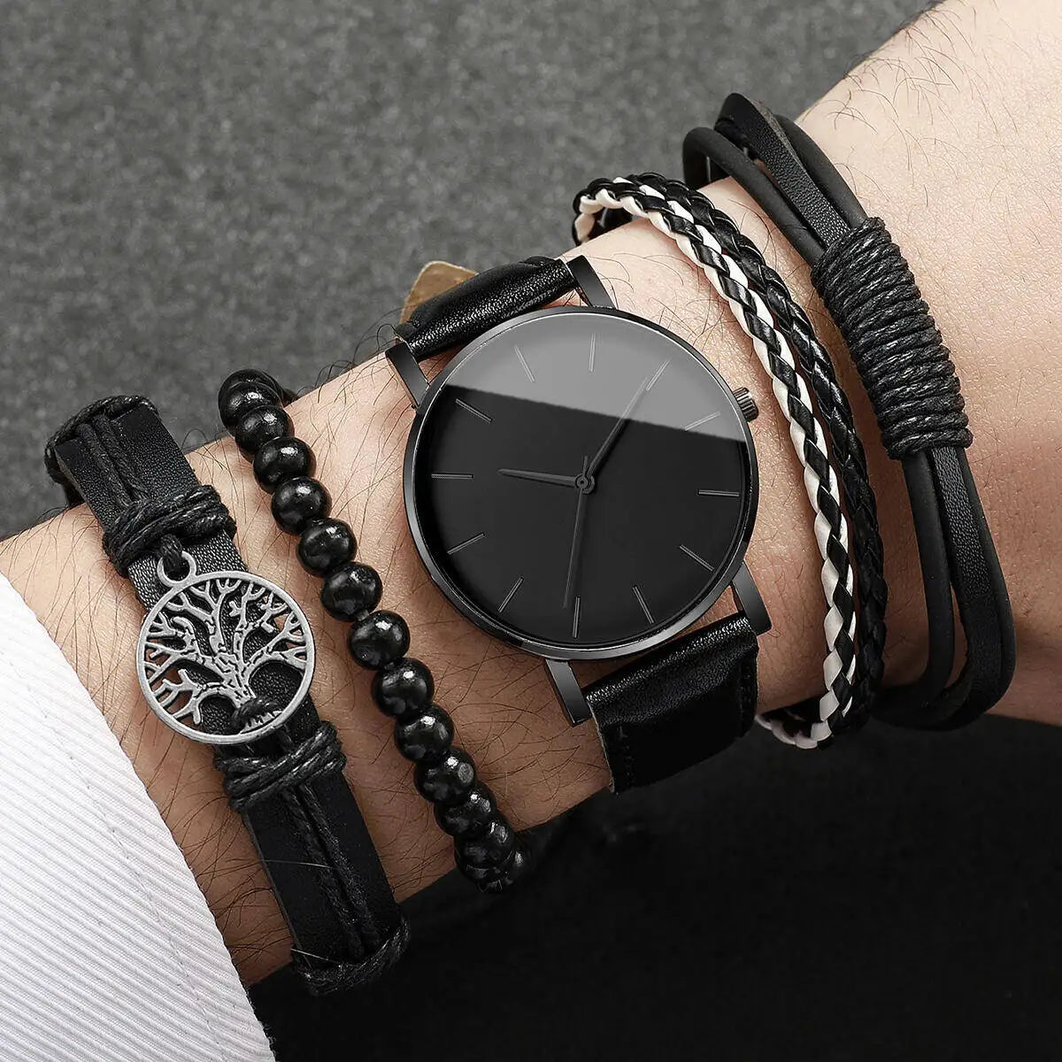 4/5PCS Fashion Leather Strap Men Business Watches Casual Mens Quartz Watch Vintage Bracelets Set Reloj Hombre（Without Box）