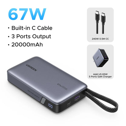 UGREEN 145W Power Bank 20000mah Built-in Type C Cable PD3.0 100W Portable Laptop Charger External Battery