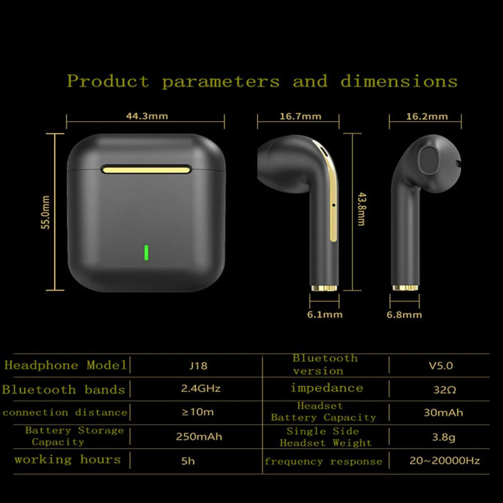 J18 TWS Wireless Earbuds, 5.3 Bluetooth Headphones Long Playtime, Noise Cancelling Voice Call, for Gaming, Business & Sports