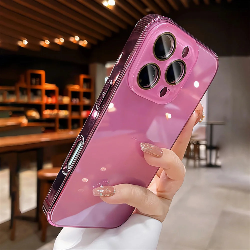 Luxury Plating Bumper Armor Glossy Case For iPhone 11 12 13 14 15 16 17 Pro Max Crystal Glass Lens Protection Hard Cover