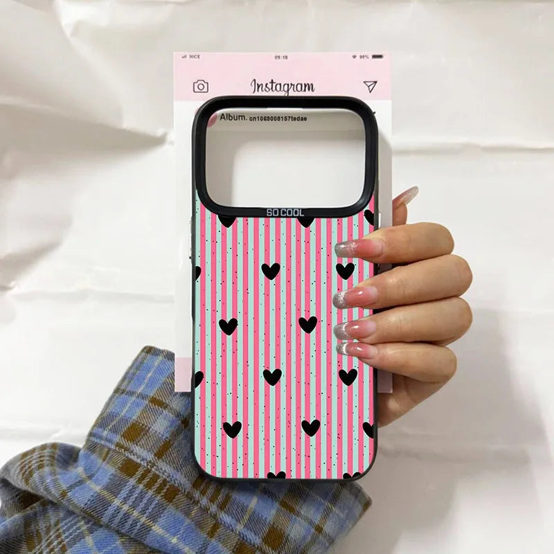 Simple Cute Pink White Plaid Love Heart Phone Case For iPhone 17 Air 16 Pro MAX 14 Plus 15 13 11 12Mini Stripes Design IMD Cover