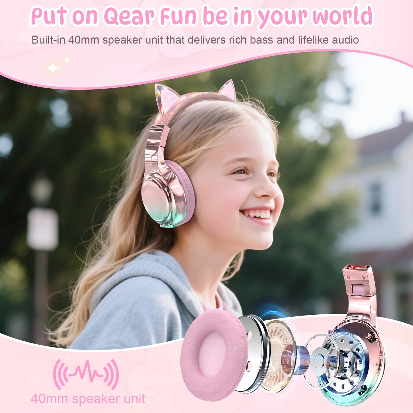 Cat Ear Wireless Headphones for Girls Kids Bluetooth Headphones Safe Volume 74/85/94dB Foldable Children's Headset For Travel