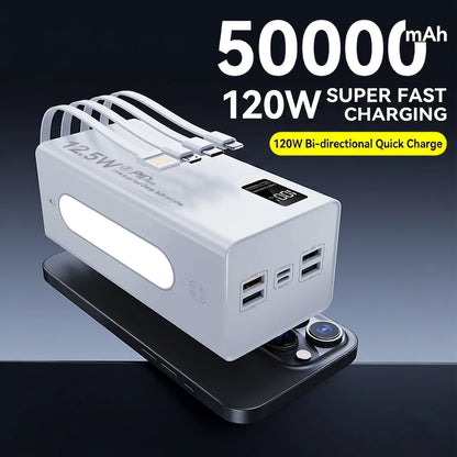 50000mAh Power Bank 120W Fast Charging Portable Charger Built-in Cable External Battery Pack PD USB C LED Display Powerbank