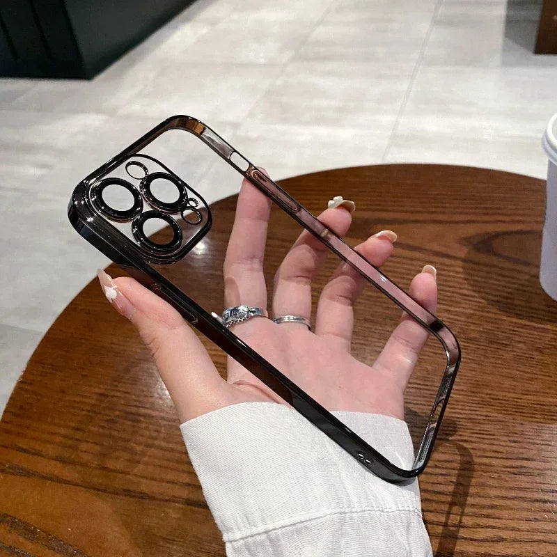 Luxury Plating Clear Silicone Phone Case For iPhone 16 15 14 13 12 11 Pro Max Plus X XR XS Mini Lens Protection Case Back Cover