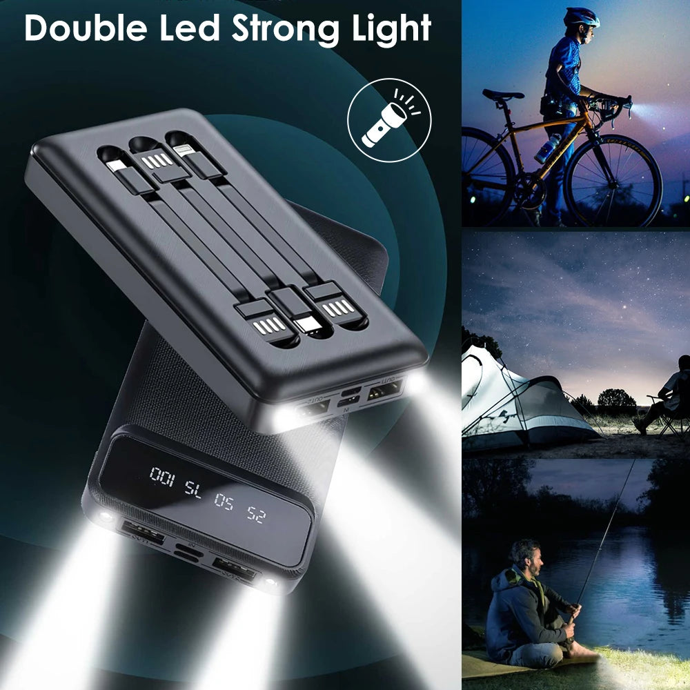 Power Bank High Capacity External Battery Fast Charger with 4 cable and LED Light for iPhone