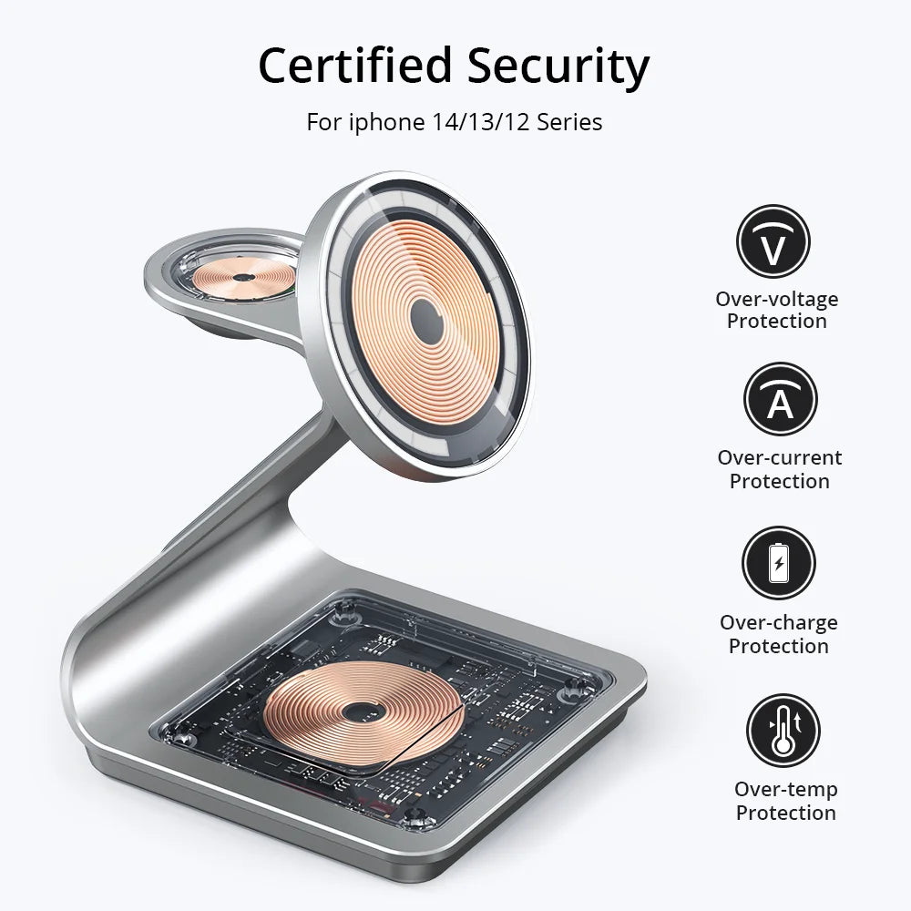 Bonola Magnetic 3 in 1 Charger Metal Stand for iPhone 14/15/16/17 Pro Fast Wireless Charging Desk Holder for Apple Watch/AirPods