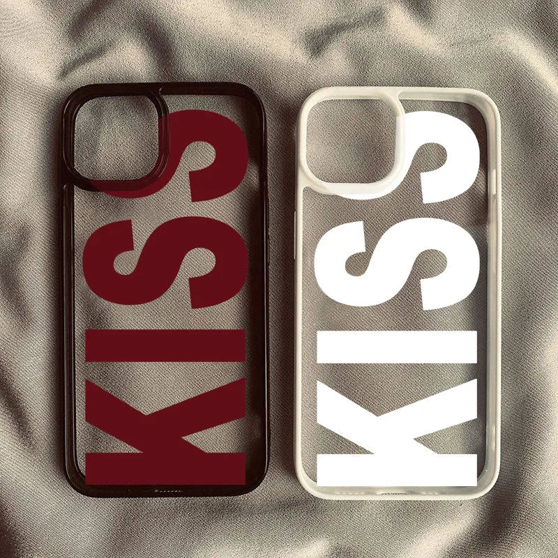 Simple Pink Black Letters Kiss Phone Case For iPhone 15 16 13 17 14 Pro Max 12Mini 11 XR 7 8Plus Shockproof Clear Hard Cover Bag