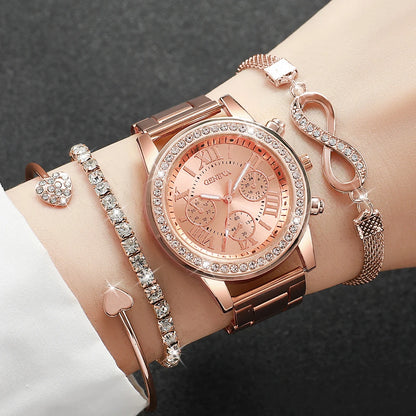 4PCS/Set Fashion Rhinestone Women Watches Luxury Steel Band Ladies Quartz Watch Bracelets Set Reloj Mujer（Without Box）