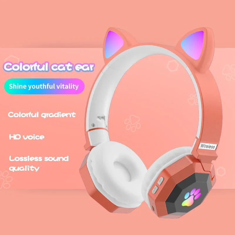 Flashing LED Cute Cat Ears Headphones Bluetooth Wireless Headset with Mic TF FM Kid Girl Stereo Music Earbud Kitten Earphon Gift