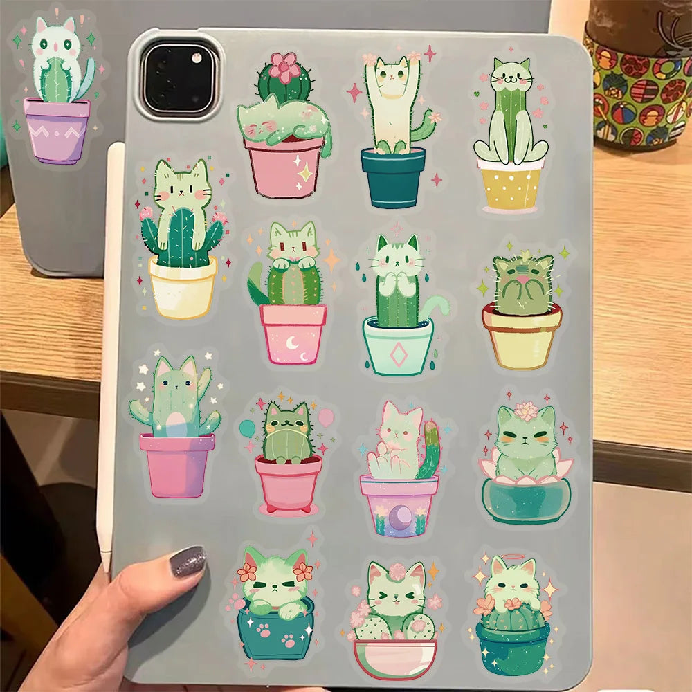 50PCS Cartoon Cute Cat Cactus Fun Sticker Pack DIY Phone Case Laptop Water Bottle Handbag PET Stickers