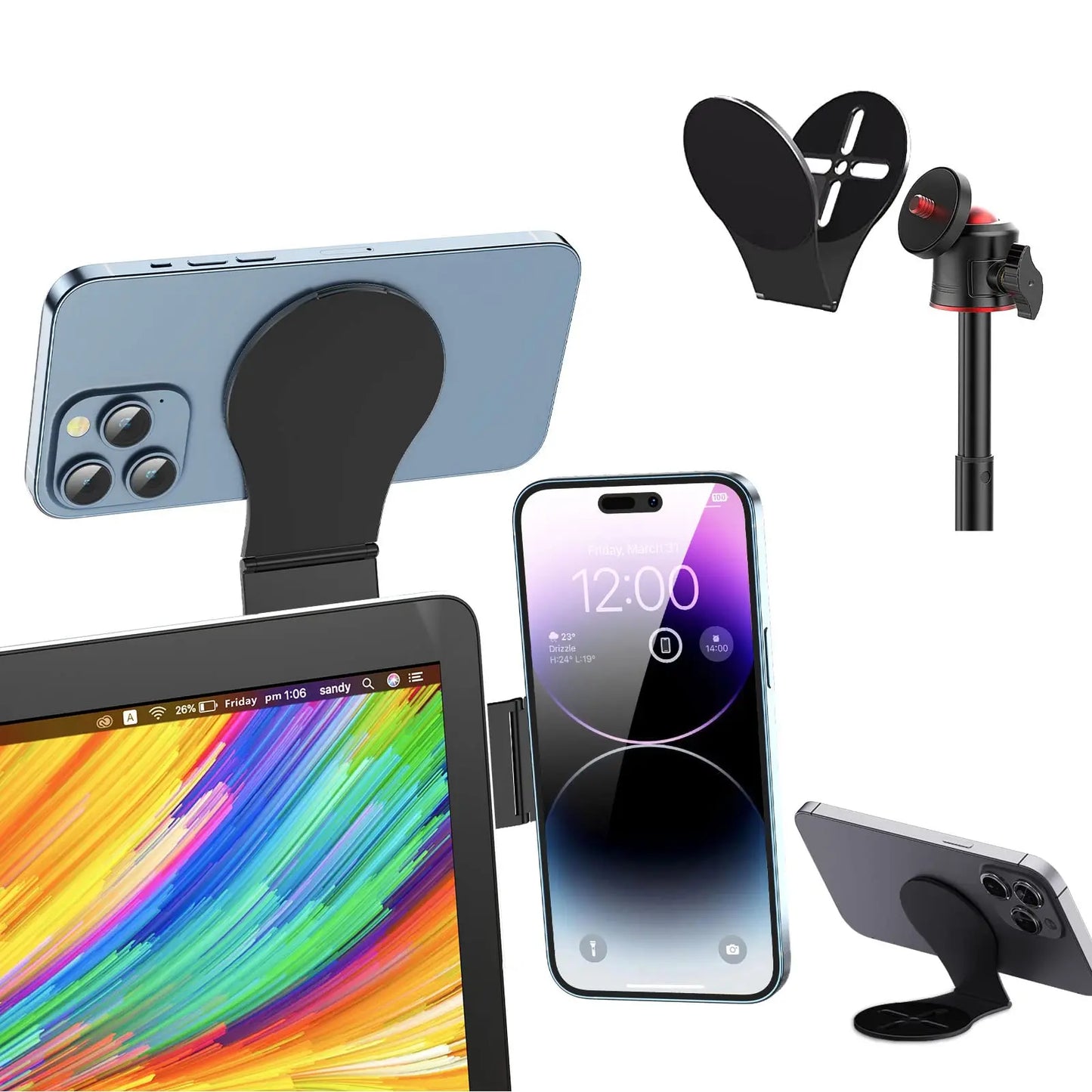 Detachable Magnetic Phone Holder for Laptop/Continuity Camera/Tripod/Desk，Foldable Desktop Monitor Side Phone Mount for Magsafe