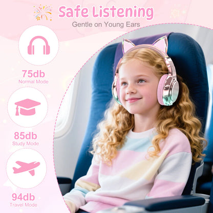Cat Ear Wireless Headphones for Girls Kids Bluetooth Headphones Safe Volume 74/85/94dB Foldable Children's Headset For Travel