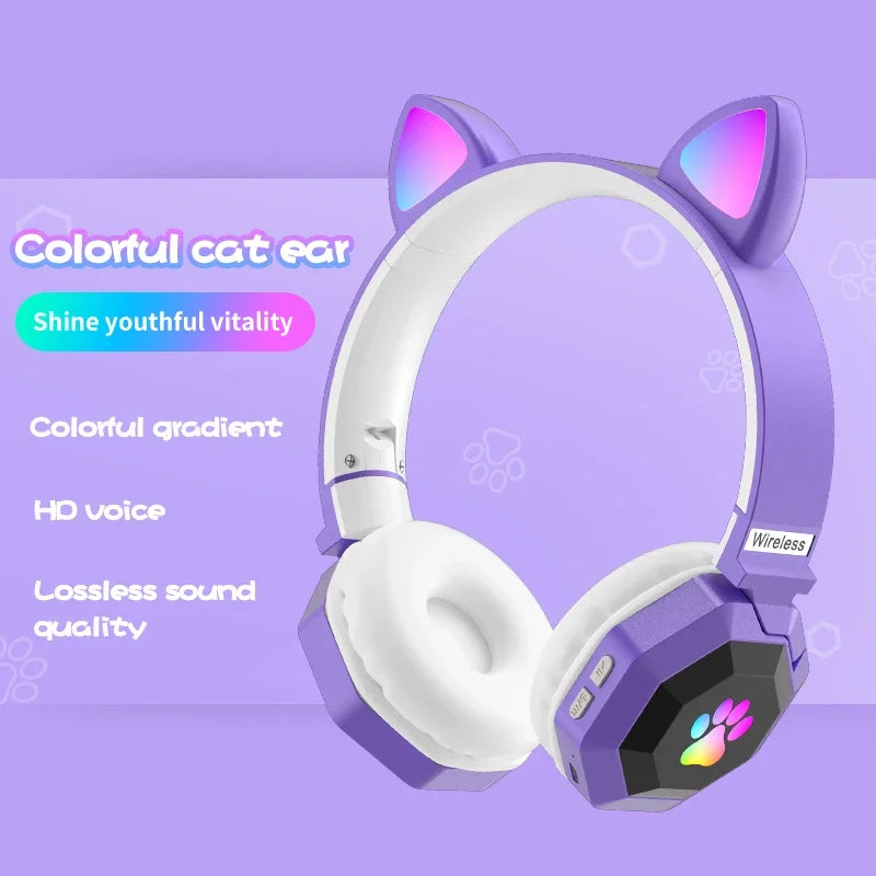 Flashing LED Cute Cat Ears Headphones Bluetooth Wireless Headset with Mic TF FM Kid Girl Stereo Music Earbud Kitten Earphon Gift