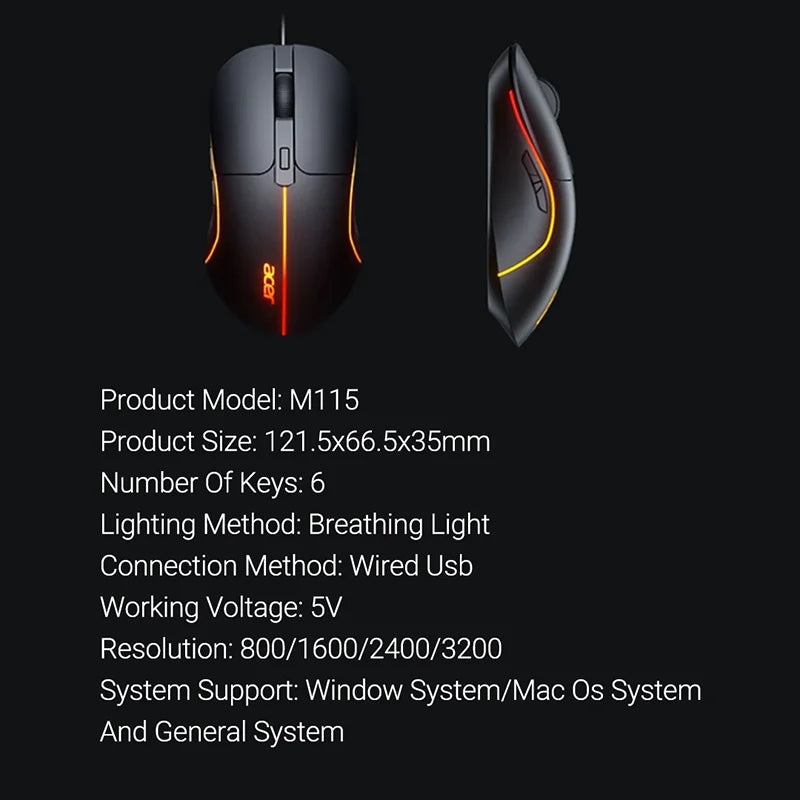 Acer USB Wired Mouse 6 Keys 3200DPI Optical Colorful Breathing Light Competitive Game Office Mouse for Notebook Laptop Computer