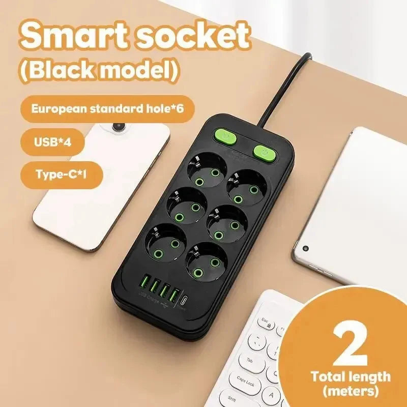 EU Plug AC Outlets Multitap Socket 2M Extension Cord Electrical Power Strip USB Type C Fast Charging Network Filter Adapter 1pc