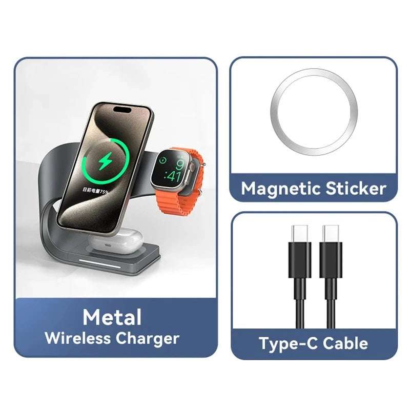 4 in 1 Wireless Charger Metal Shell Magnetic 15W Fast Charging Station Stand with LED Light for iPhone 12-16 17 Mobile Phones