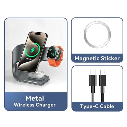 4 in 1 Wireless Charger Metal Shell Magnetic 15W Fast Charging Station Stand with LED Light for iPhone 12-16 17 Mobile Phones