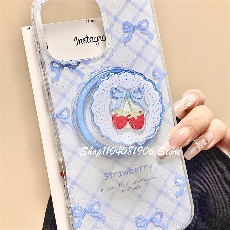 Korean Cute Cartoon Bowknot Strawberry Magnetic Holder Phone Stand Griptok Grip Tok Support For iPhone For Magsafe Accessories