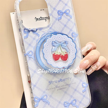 Korean Cute Cartoon Bowknot Strawberry Magnetic Holder Phone Stand Griptok Grip Tok Support For iPhone For Magsafe Accessories