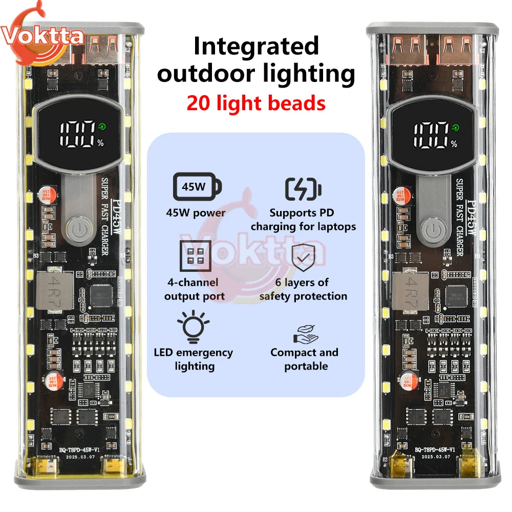 PD 45W Super Fast Charging Transparent Power Bank Battery Shell Welding Free 8 sections 18650 Battery Box With Outdoor Light