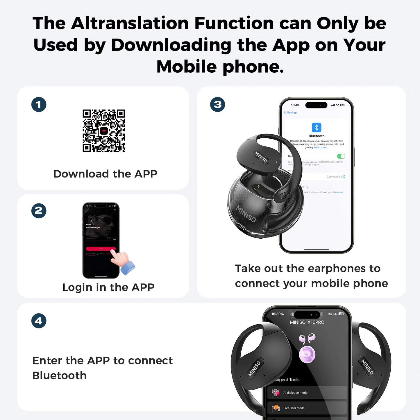 Translator MINISO X15Pro 5.4 Bluetooth Headset Translation Earphones Wireless Headphones Office Travel,ASMR Headset APP