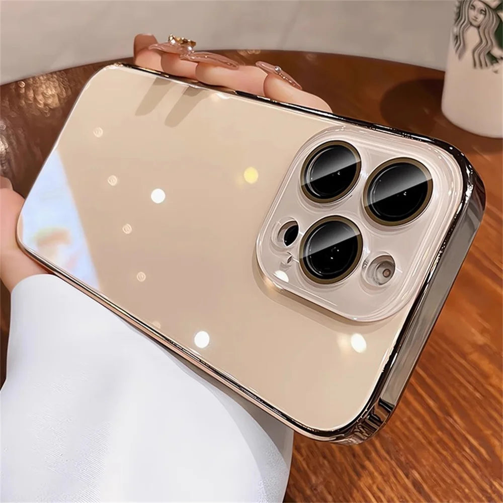 Luxury Plating Bumper Armor Glossy Case For iPhone 11 12 13 14 15 16 17 Pro Max Crystal Glass Lens Protection Hard Cover